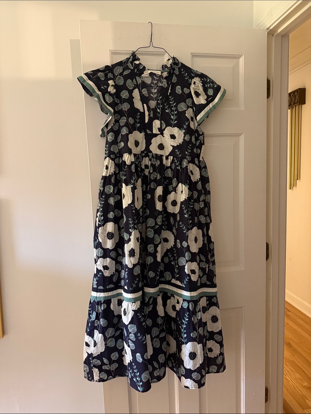 entro Navy Floral Maxi Dress with White Flowers and Mint Trim